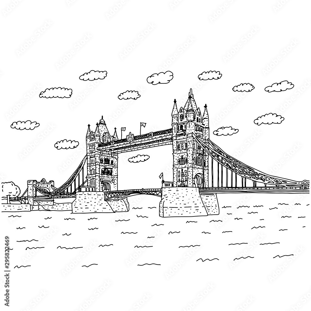 Obraz premium London Tower Bridge with clouds vector illustration sketch doodle hand drawn with black lines isolated on white background. European Landmark.