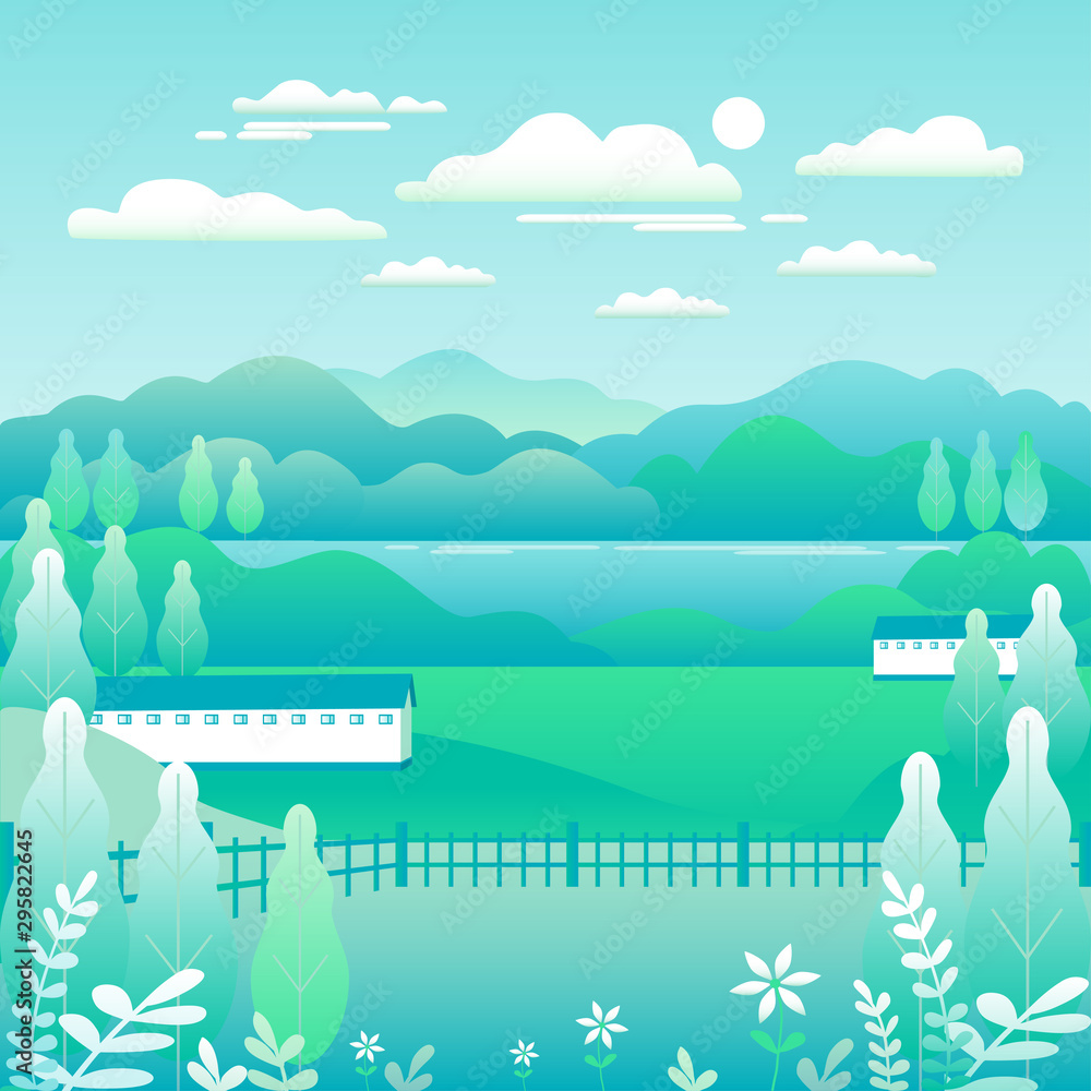 Naklejka premium Hills and mountains landscape, house farm in flat style design. Outdoor panorama countryside illustration. Green field, tree, forest, blue sky and sun. Rural location, cartoon vector background