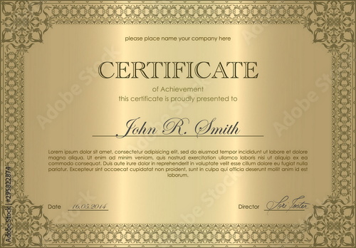 Vector certificate. Template diploma currency border. Award background Gift voucher. Vector illustration. Gold diploma