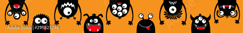 Happy Halloween. Hanging monster black silhouette head face icon set line. Eyes, tongue, tooth fang, hands up. Cute cartoon kawaii scary funny baby character. Orange background. Flat design.