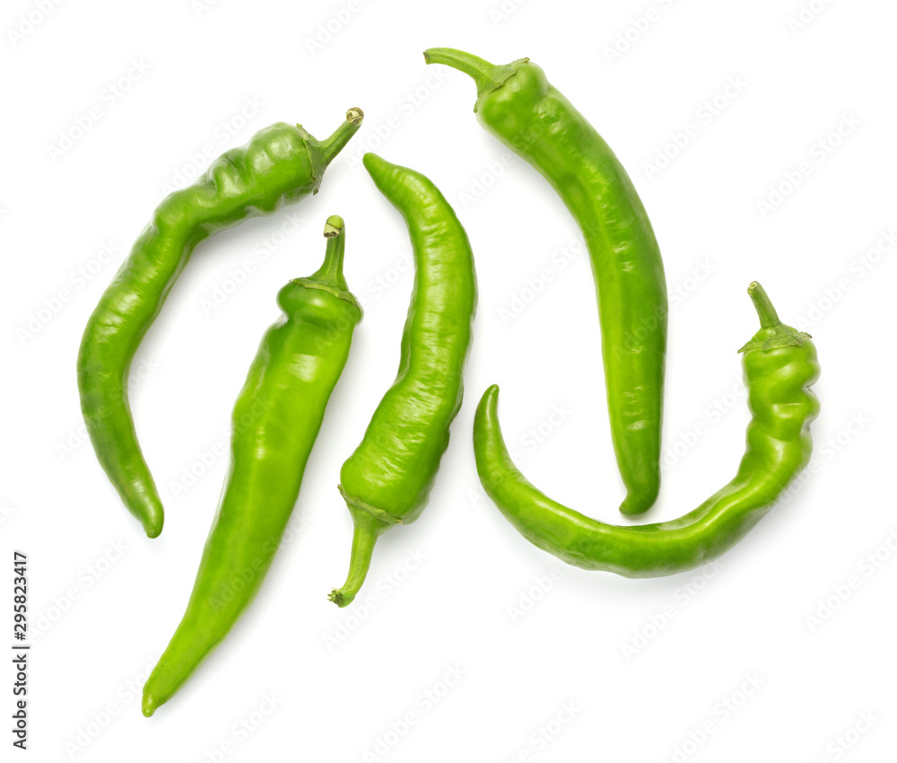 set of green chili peppers isolated on white background set of green chili peppers isolated on white background