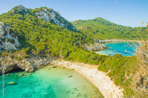 Greece Corfu Porto Timoni double beach. HD wallpaper  4k background. Europe.