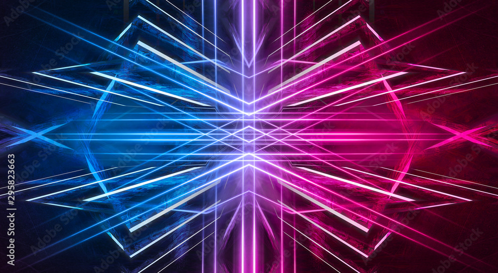 Fototapeta premium Abstract futuristic neon tunnel Dark room fluorescent bright purple and pink neon glow Virtual background space corridor shape tunnel