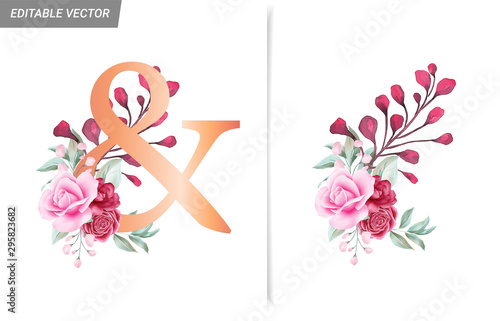 Watercolor floral decoration for letters, numbers, and symbol. And with botanical arrangement composition. Flower bouquet illustration for wedding invitation decoration design vector
