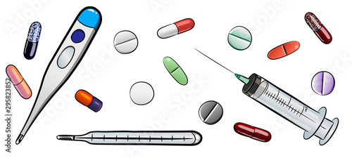 Cartoon pills vector set isolated,  various bright colors medicaments,  mercury and electronic thermometer, tablets clipart