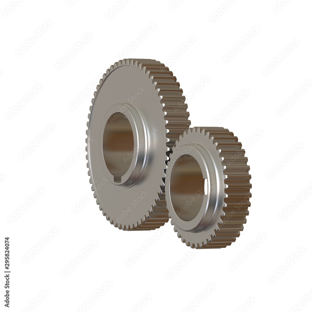 Two metal gears on a white background, isolate. 3D rendering of excellent quality in high resolution. It can be enlarged and used as a background or texture. Two metal gears on a white background, isolate. 3D rendering of excellent quality in high resolution. It can be enlarged and used as a background or texture.