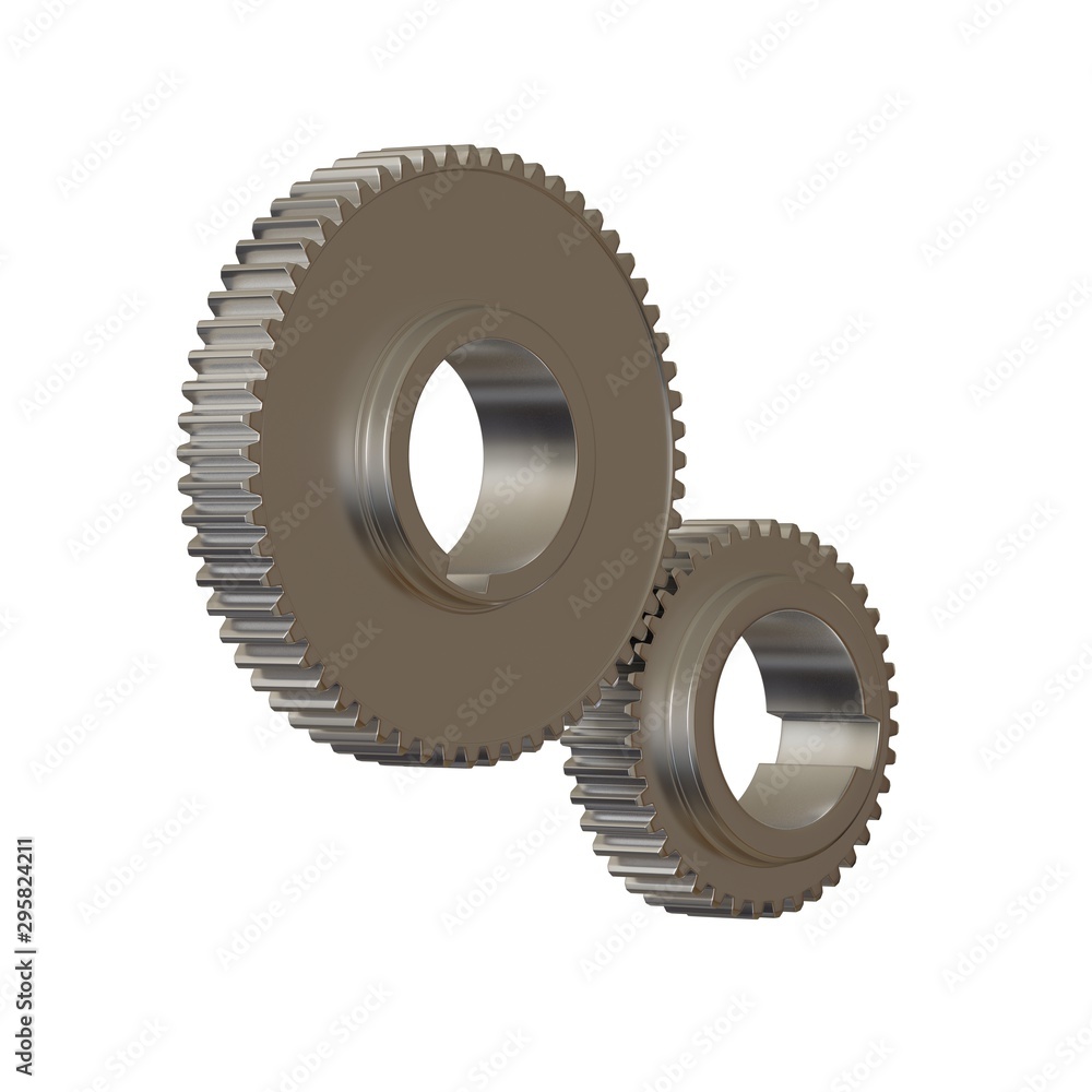 Two metal gears on a white background, isolate. 3D rendering of excellent quality in high resolution. It can be enlarged and used as a background or texture. Two metal gears on a white background, isolate. 3D rendering of excellent quality in high resolution. It can be enlarged and used as a background or texture.