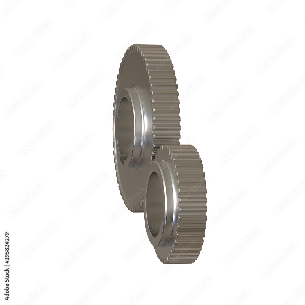 Two metal gears on a white background, isolate. 3D rendering of excellent quality in high resolution. It can be enlarged and used as a background or texture. Two metal gears on a white background, isolate. 3D rendering of excellent quality in high resolution. It can be enlarged and used as a background or texture.