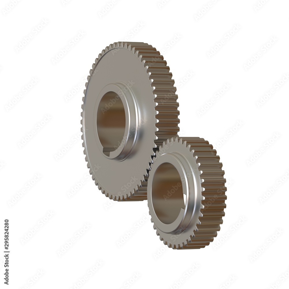 Two metal gears on a white background, isolate. 3D rendering of excellent quality in high resolution. It can be enlarged and used as a background or texture. Two metal gears on a white background, isolate. 3D rendering of excellent quality in high resolution. It can be enlarged and used as a background or texture.