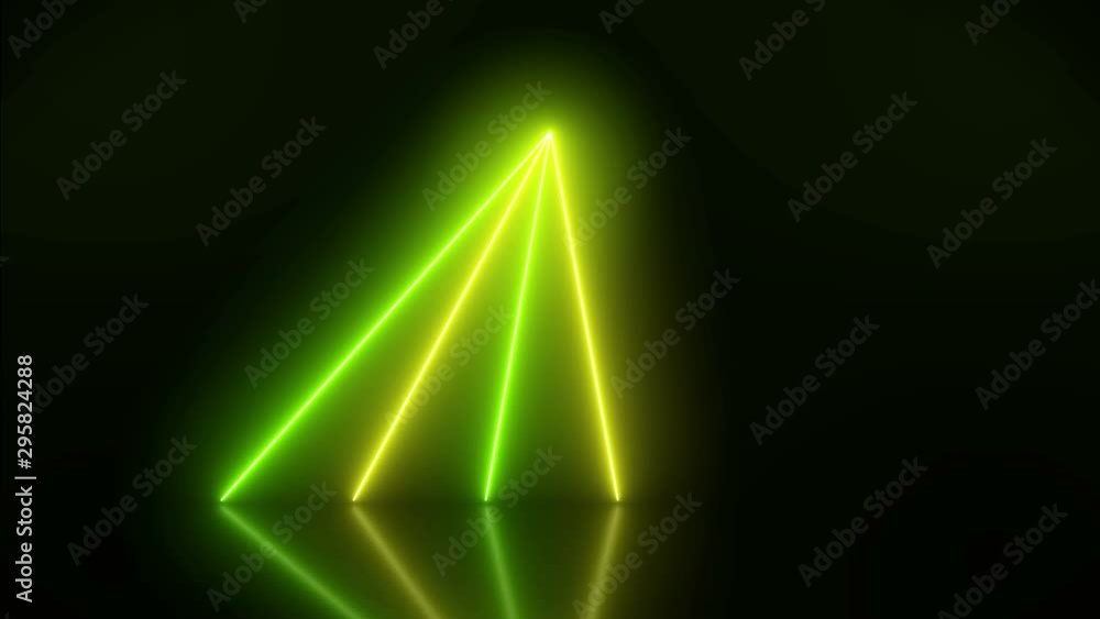 Video animation of glowing vertical neon lines in green and yellow on reflecting floor. - Abstract background - laser show Video animation of glowing vertical neon lines in green and yellow on reflecting floor. - Abstract background - laser show
