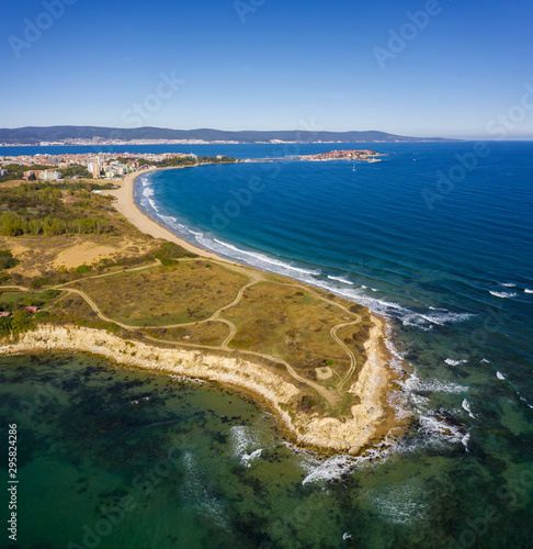 View of drone to the rocky beach near to Nessebar, Bulgaria