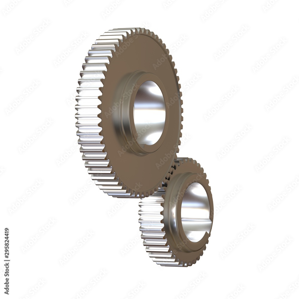 Two metal gears on a white background, isolate. 3D rendering of excellent quality in high resolution. It can be enlarged and used as a background or texture. Two metal gears on a white background, isolate. 3D rendering of excellent quality in high resolution. It can be enlarged and used as a background or texture.