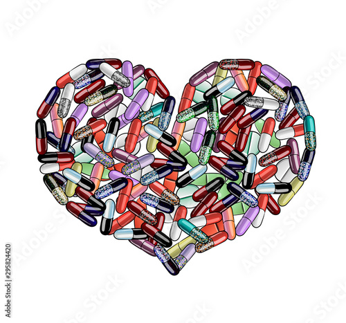 Heart made of pills, vector illustration isolated on black
