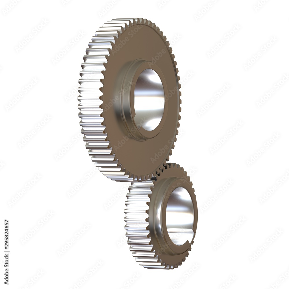 Two metal gears on a white background, isolate. 3D rendering of excellent quality in high resolution. It can be enlarged and used as a background or texture. Two metal gears on a white background, isolate. 3D rendering of excellent quality in high resolution. It can be enlarged and used as a background or texture.