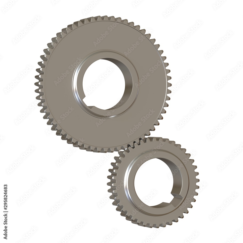 Two metal gears on a white background, isolate. 3D rendering of excellent quality in high resolution. It can be enlarged and used as a background or texture. Two metal gears on a white background, isolate. 3D rendering of excellent quality in high resolution. It can be enlarged and used as a background or texture.