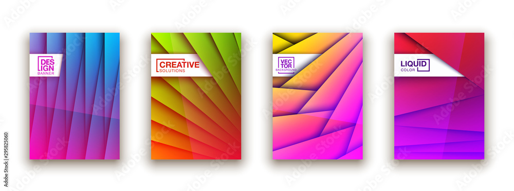 Trendy Minimal empty covers design set. Colorful halftone gradients background modern template web design. Cool gradients Future red green blue yellow geometric patterns set isolated white background.