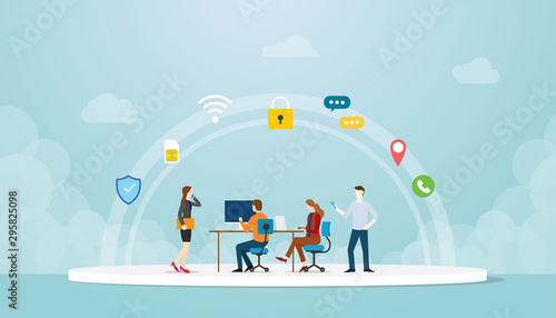 communication concept with various people use laptop smartphone gadget app with icons spread with modern flat style - vector