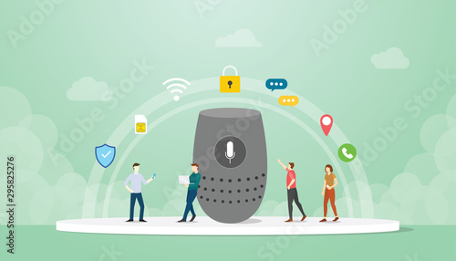 smart speaker concept with people use smartphone and gadget with modern flat style - vector
