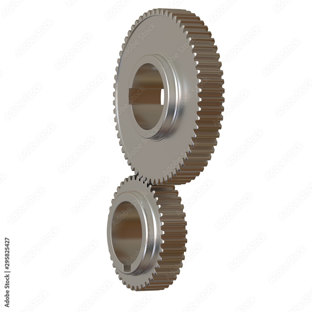 Two metal gears on a white background, isolate. 3D rendering of excellent quality in high resolution. It can be enlarged and used as a background or texture. Two metal gears on a white background, isolate. 3D rendering of excellent quality in high resolution. It can be enlarged and used as a background or texture.
