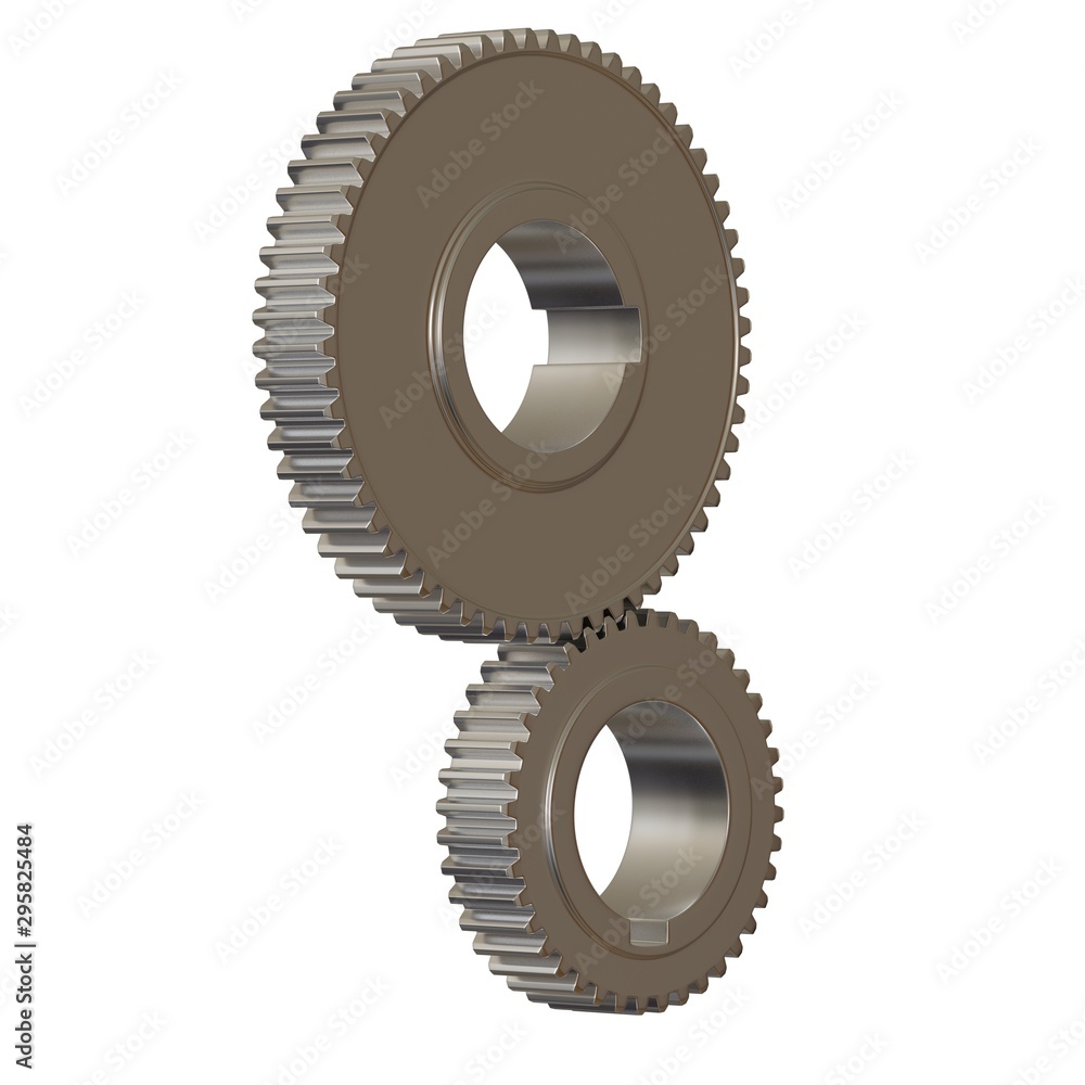 Two metal gears on a white background, isolate. 3D rendering of excellent quality in high resolution. It can be enlarged and used as a background or texture. Two metal gears on a white background, isolate. 3D rendering of excellent quality in high resolution. It can be enlarged and used as a background or texture.