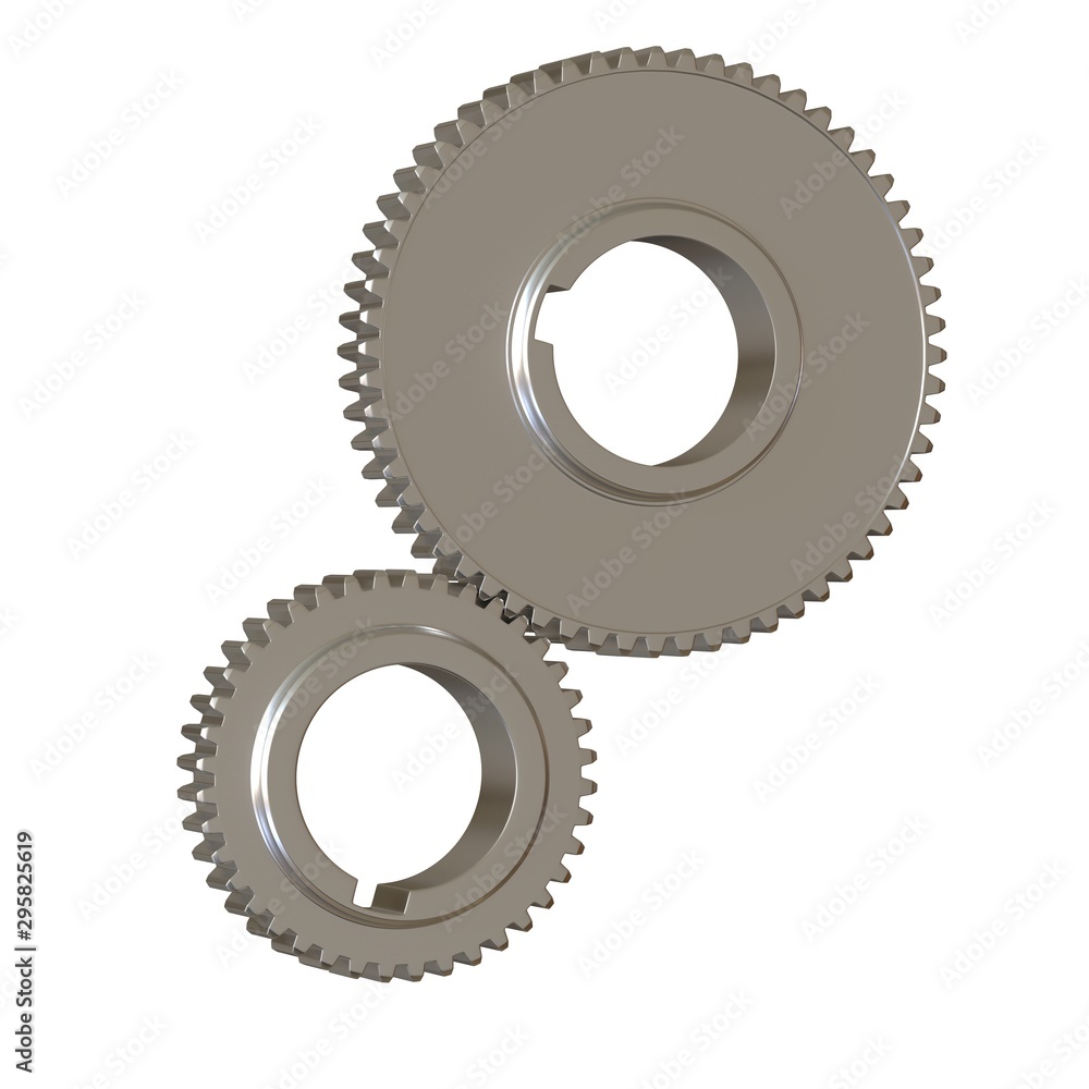 Two metal gears on a white background, isolate. 3D rendering of excellent quality in high resolution. It can be enlarged and used as a background or texture. Two metal gears on a white background, isolate. 3D rendering of excellent quality in high resolution. It can be enlarged and used as a background or texture.