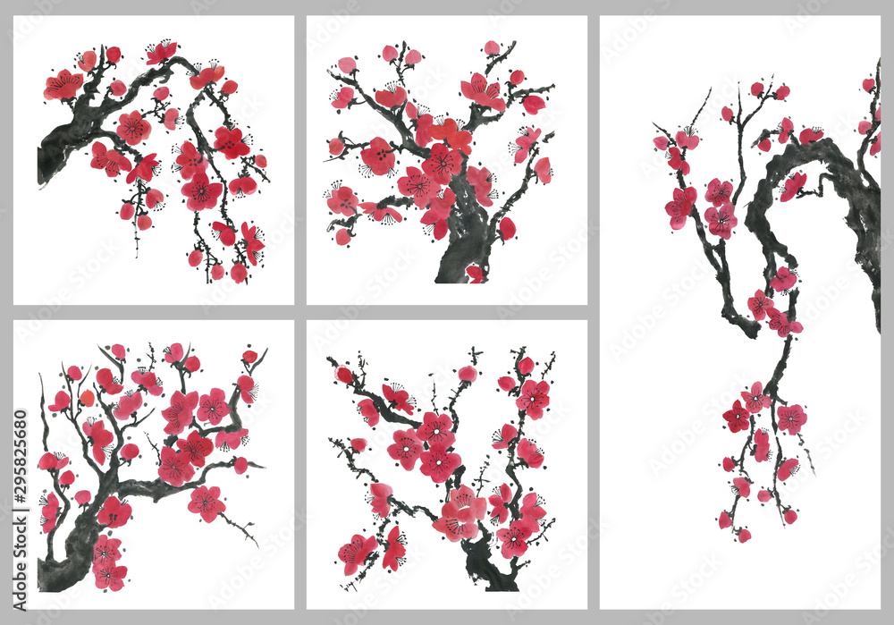 Set of sakura blossom branches. Pink and red stylized flowers of plum ...