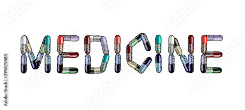 Inscription Medicine made of pills and medicines,cartoon vector illustration isolated