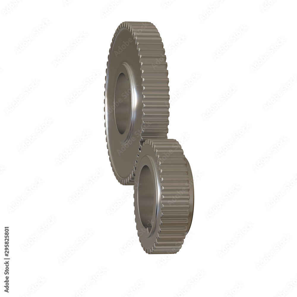 Two metal gears on a white background, isolate. 3D rendering of excellent quality in high resolution. It can be enlarged and used as a background or texture. Two metal gears on a white background, isolate. 3D rendering of excellent quality in high resolution. It can be enlarged and used as a background or texture.
