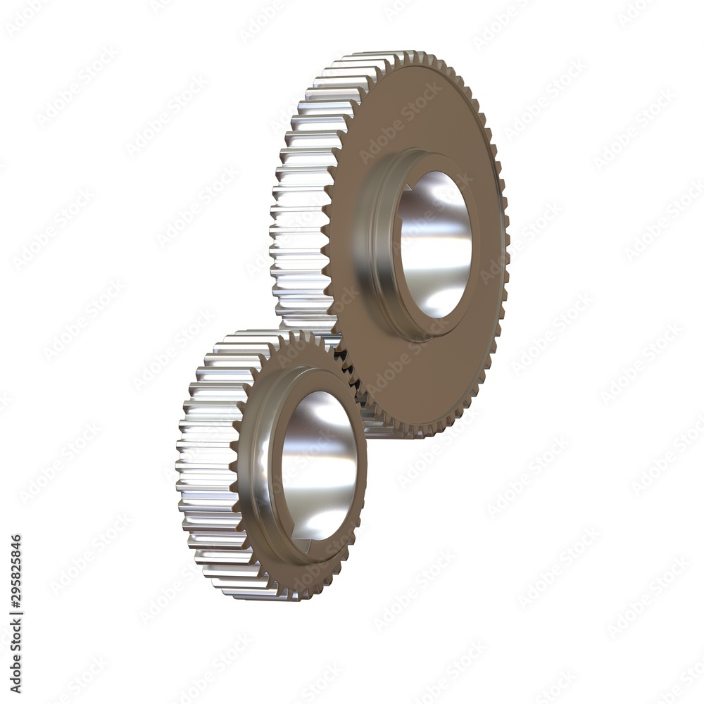 Two metal gears on a white background, isolate. 3D rendering of excellent quality in high resolution. It can be enlarged and used as a background or texture. Two metal gears on a white background, isolate. 3D rendering of excellent quality in high resolution. It can be enlarged and used as a background or texture.