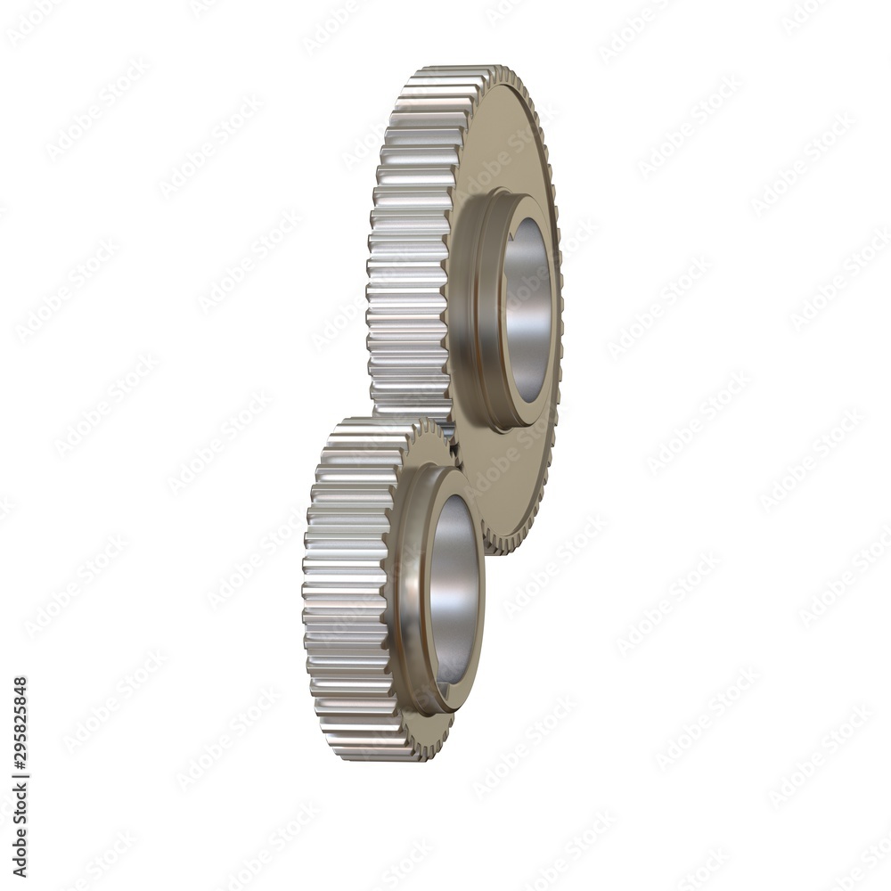 Two metal gears on a white background, isolate. 3D rendering of excellent quality in high resolution. It can be enlarged and used as a background or texture. Two metal gears on a white background, isolate. 3D rendering of excellent quality in high resolution. It can be enlarged and used as a background or texture.