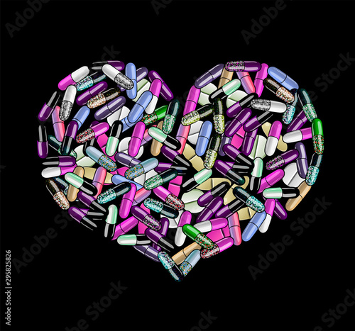 Heart made of pills, vector illustration isolated on black