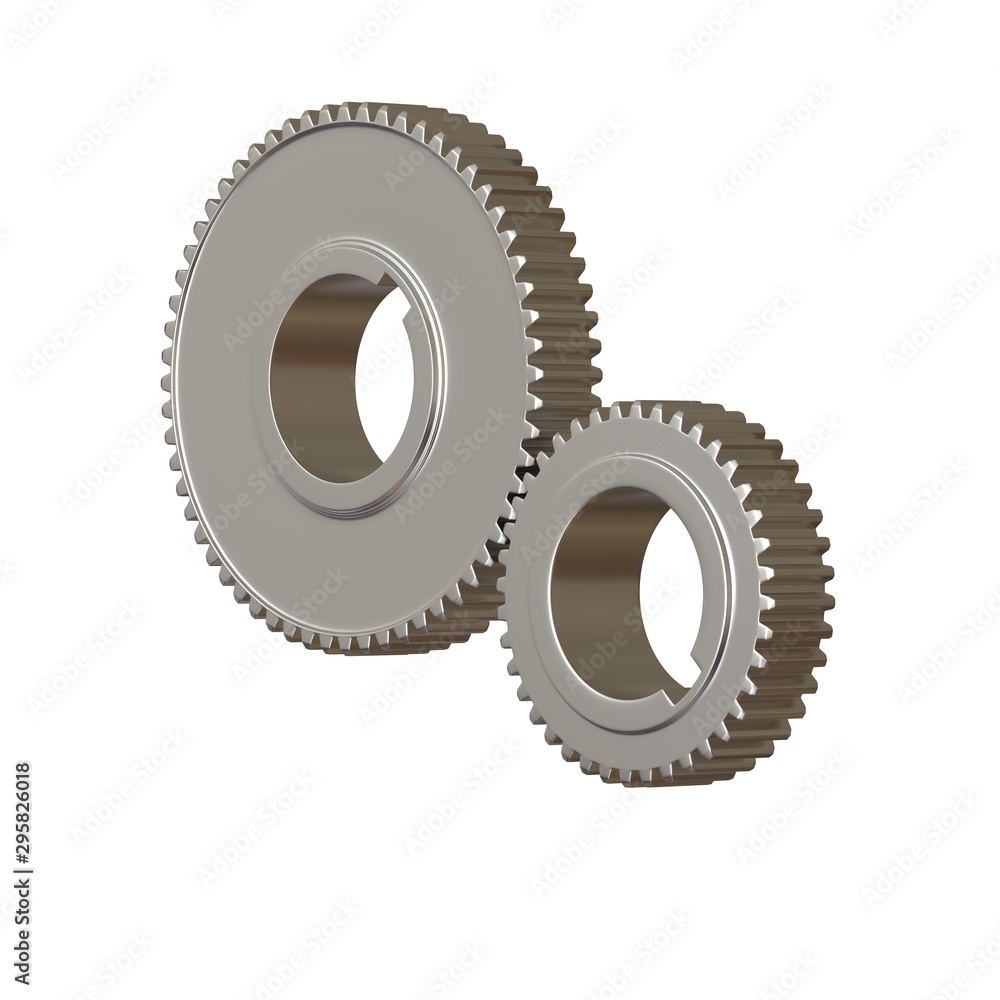 Two metal gears on a white background, isolate. 3D rendering of excellent quality in high resolution. It can be enlarged and used as a background or texture. Two metal gears on a white background, isolate. 3D rendering of excellent quality in high resolution. It can be enlarged and used as a background or texture.