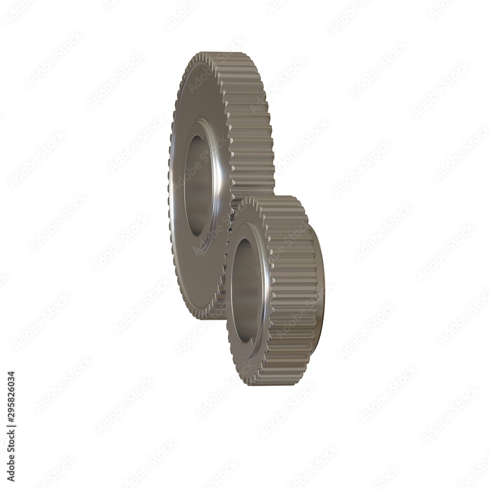 Two metal gears on a white background, isolate. 3D rendering of excellent quality in high resolution. It can be enlarged and used as a background or texture. Two metal gears on a white background, isolate. 3D rendering of excellent quality in high resolution. It can be enlarged and used as a background or texture.