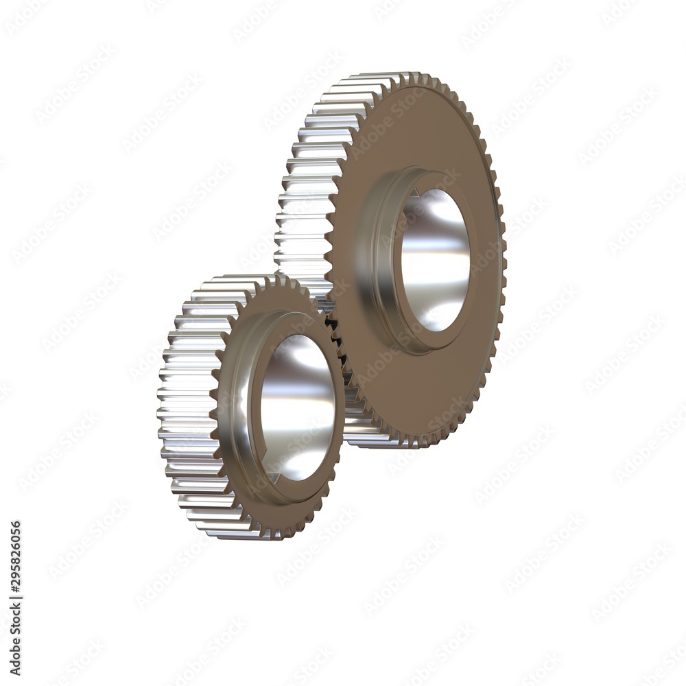 Two metal gears on a white background, isolate. 3D rendering of excellent quality in high resolution. It can be enlarged and used as a background or texture. Two metal gears on a white background, isolate. 3D rendering of excellent quality in high resolution. It can be enlarged and used as a background or texture.