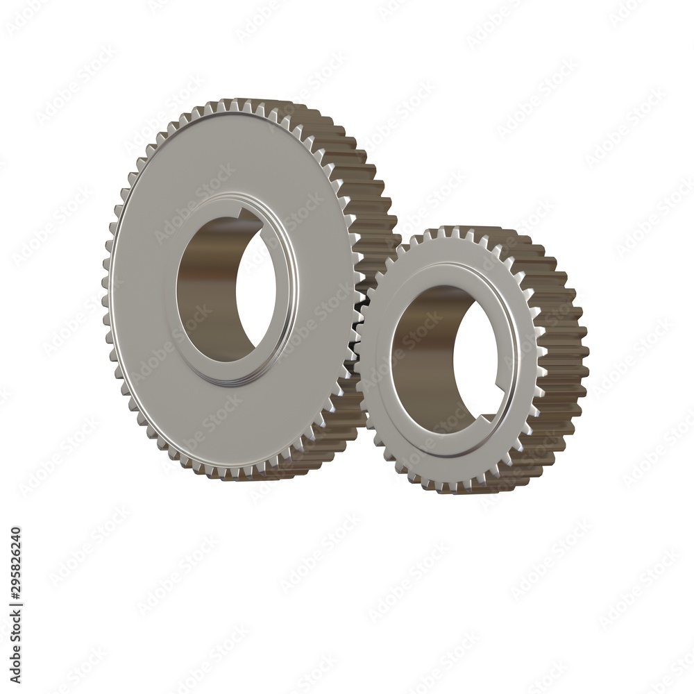 Two metal gears on a white background, isolate. 3D rendering of excellent quality in high resolution. It can be enlarged and used as a background or texture. Two metal gears on a white background, isolate. 3D rendering of excellent quality in high resolution. It can be enlarged and used as a background or texture.