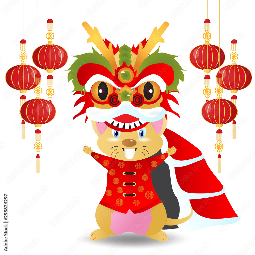 Naklejka premium 2020 Chinese new year.Year of the rat.Gold rat and Chinese words art design on red background for greetings card, flyers, invitation .Chinese Translation :Happy Chinese new year,Rat