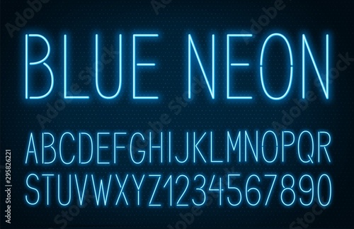 Neon thin high blue font on dark background.