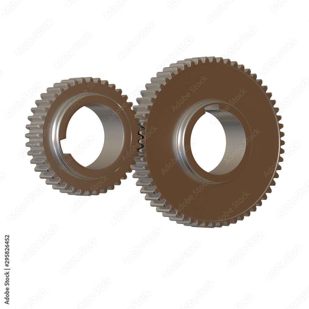 Two metal gears on a white background, isolate. 3D rendering of excellent quality in high resolution. It can be enlarged and used as a background or texture. Two metal gears on a white background, isolate. 3D rendering of excellent quality in high resolution. It can be enlarged and used as a background or texture.