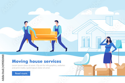 Moving home. Woman packing stuff to move to new house or apartment. Man carrying sofa. Vector illustration.	