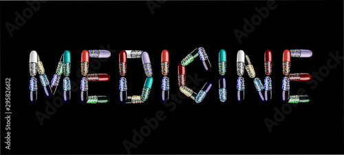 Inscription Medicine made of pills and medicines,cartoon vector illustration isolated