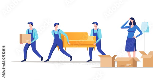 Moving house. Woman packing stuff to move to new house or apartment. Men carrying sofa and cardboard box. Vector illustration.