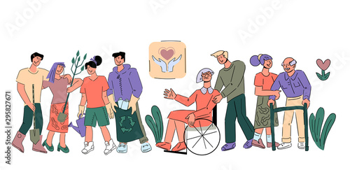 Volunteers doing different socially useful work - helping elderly and disabled people, growing plants for Earth ecology improvement and preventing environmental pollution. Flat vector illustration.