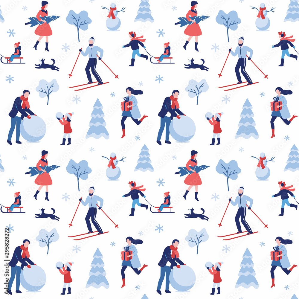 Winter holidays seamless pattern with people. Christmas eve leisure. Happy New year holiday.