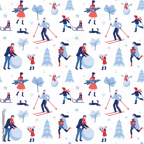 Winter holidays seamless pattern with people. Christmas eve leisure. Happy New year holiday.