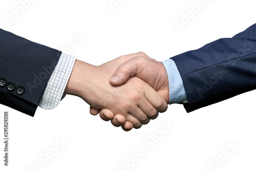 Hands of two men wearing business shirts and suits in handshake isolated on the white background. Business agreement or successful deal concept