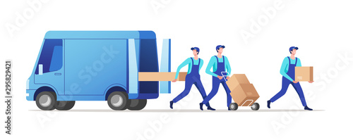 Delivery service and logistics. Movers unloading cardboard boxes from van. Vector illustration.