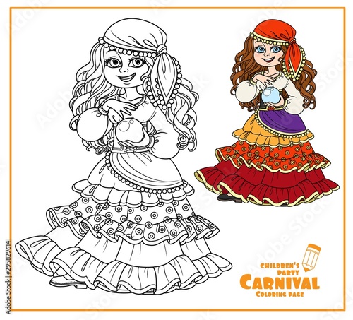 Cute girl in gypsy carnival costume with a fortune-telling ball in hand color and outlined for coloring page