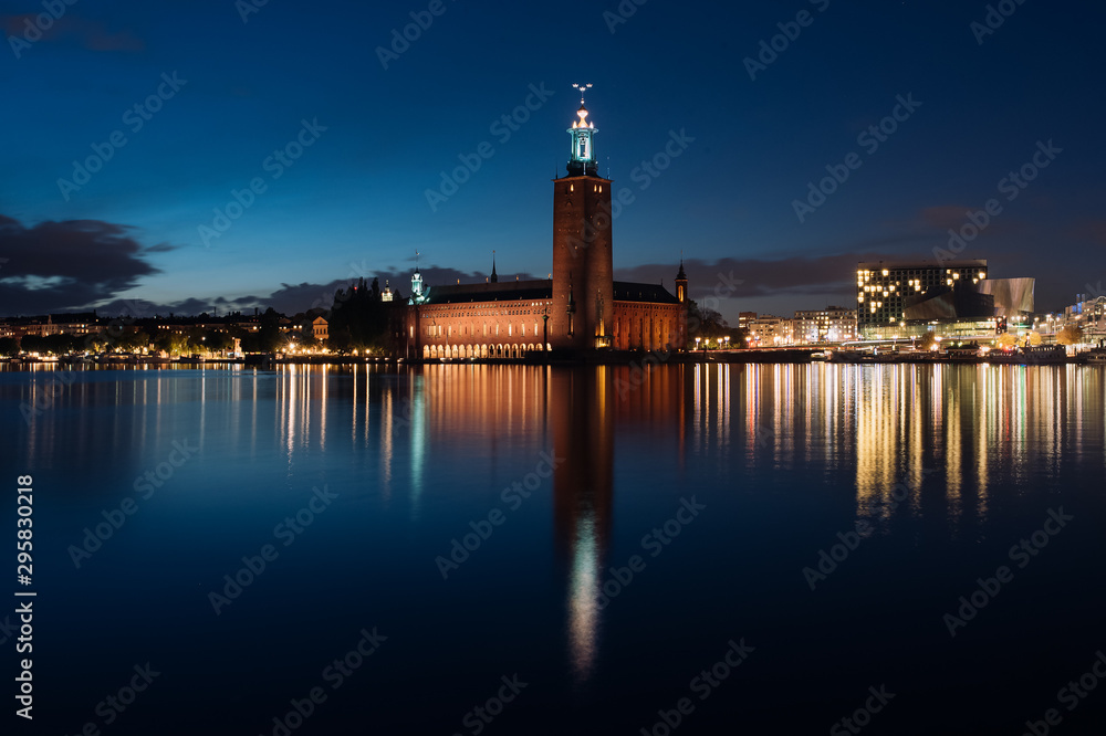 Stockholm City Hall or Stadshuset at night in the Old Town in Stockholm