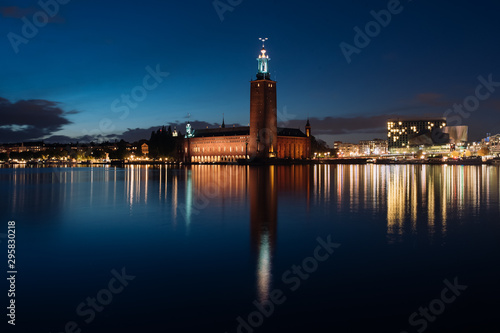 Photography Stockholm City Hall or Stadshuset at night in the Old Town in Stockholm
