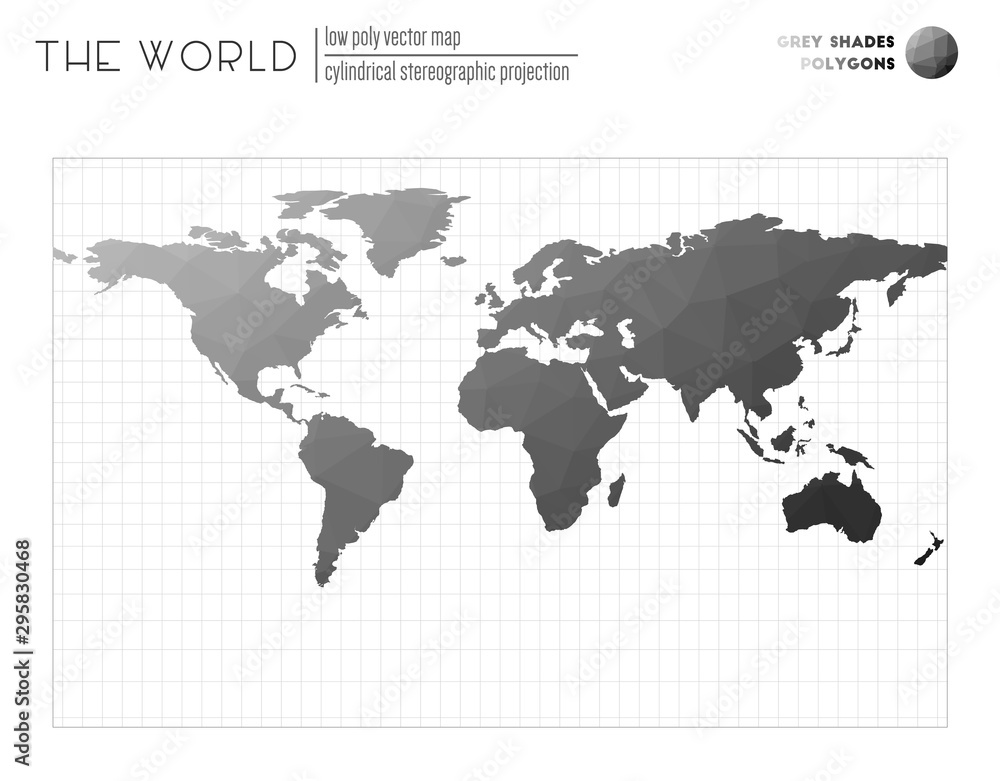 World map in polygonal style. Cylindrical stereographic projection of the world. Grey Shades colored polygons. Neat vector illustration.